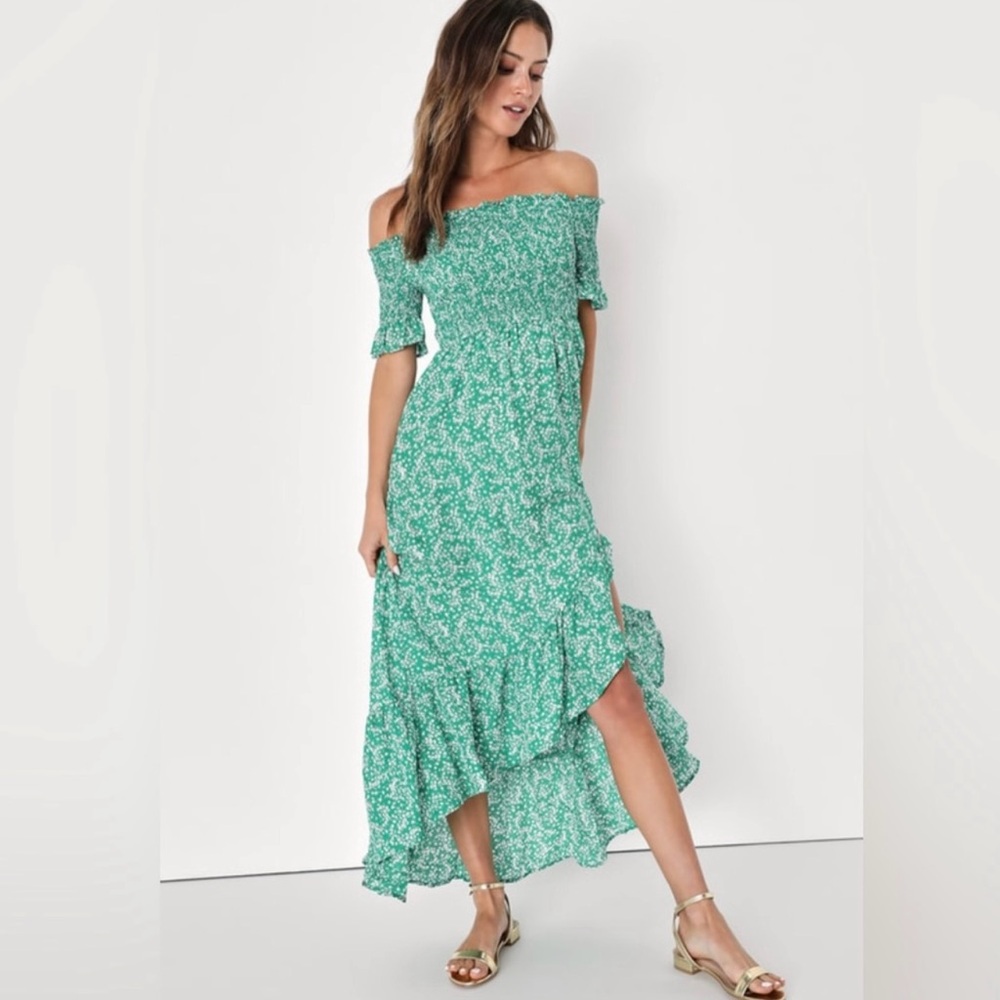 LULU’S Green Floral High-Low Dress